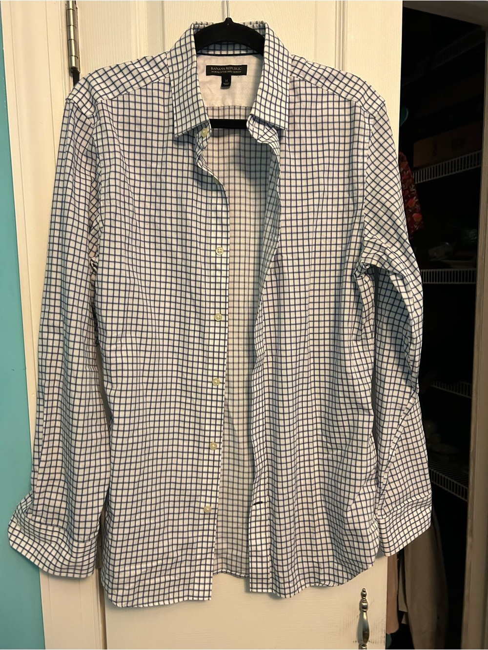 Banana Republic Men’s White Shirt with Blue Grid Check
